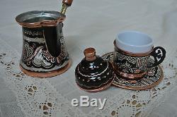 Big Turkish COFFEE Set HAND PAINTED Copper Mugs Cezve Tray Porcelain Cup SILVER