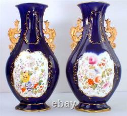 C1830 Pair Antique English Minton Porcelain Vases Dragon Handles Cobalt Blue