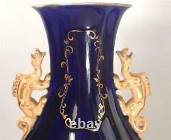 C1830 Pair Antique English Minton Porcelain Vases Dragon Handles Cobalt Blue