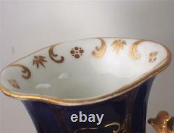 C1830 Pair Antique English Minton Porcelain Vases Dragon Handles Cobalt Blue