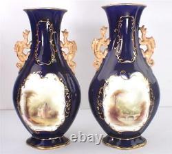 C1830 Pair Antique English Minton Porcelain Vases Dragon Handles Cobalt Blue