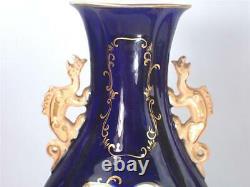 C1830 Pair Antique English Minton Porcelain Vases Dragon Handles Cobalt Blue