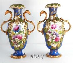 C1835 Pair Antique English Rococo Revival Porcelain Vases Hand Painted Flowers