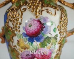 C1835 Pair Antique English Rococo Revival Porcelain Vases Hand Painted Flowers