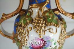 C1835 Pair Antique English Rococo Revival Porcelain Vases Hand Painted Flowers