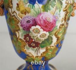 C1835 Pair Antique English Rococo Revival Porcelain Vases Hand Painted Flowers