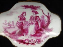 C1900 Antique French Porcelain Casket Box Hand Painted Scenes Puce Enamel