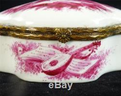 C1900 Antique French Porcelain Casket Box Hand Painted Scenes Puce Enamel