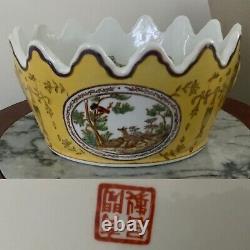 C1920 Antique YELLOW CHINESE MONTEITH WOLF LION HEAD Porcelain Planter