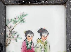 CHINESE FAMILLE ROSE PAINTED PORCELAIN PLAQUE / TILE LADIES Framed