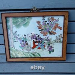 CHINESE FRAMED PORCELAIN HAND PAINTED PLAQUE OF THE EIGHT IMMORTALS 34.5x27cm