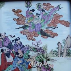 CHINESE FRAMED PORCELAIN HAND PAINTED PLAQUE OF THE EIGHT IMMORTALS 34.5x27cm