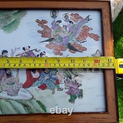 CHINESE FRAMED PORCELAIN HAND PAINTED PLAQUE OF THE EIGHT IMMORTALS 34.5x27cm