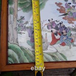 CHINESE FRAMED PORCELAIN HAND PAINTED PLAQUE OF THE EIGHT IMMORTALS 34.5x27cm