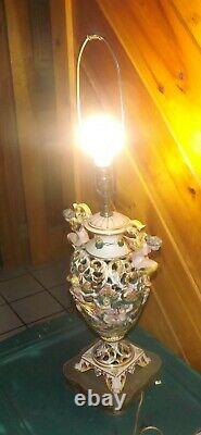 Capodimonte PORCELAIN PIERCED LAMP, Embossed Hand-painted Italy Angels & Family