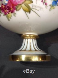 Cauldon porcelain cache pot. Artist signed Harrison. Handpainted florals. Brass