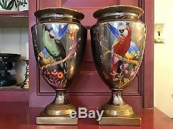 Chelsea House Handpainted Macaw Parrot 11 5/8 Porcelain Lusterware Urns (2)