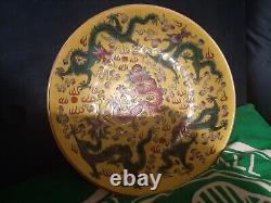 Chinese 6 Figures Character Marked Hand Painted Yellow Ground Porcelain Shallow