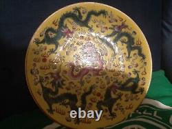 Chinese 6 Figures Character Marked Hand Painted Yellow Ground Porcelain Shallow