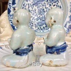 Chinese Antique 18th C Porcelain Rare Pair of Seated Boys Blue White Figures