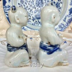 Chinese Antique 18th C Porcelain Rare Pair of Seated Boys Blue White Figures