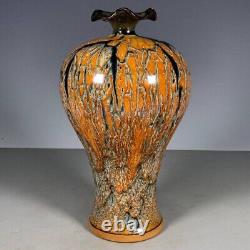 Chinese Antique Orange Flambé Vase Glazed Qing Pleat Plum Porcelain Marked