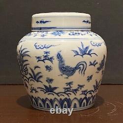 Chinese Blue &White Handpainted Chicken Bowl Tea Can Signed Porcelain China