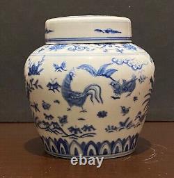 Chinese Blue &White Handpainted Chicken Bowl Tea Can Signed Porcelain China