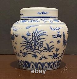 Chinese Blue &White Handpainted Chicken Bowl Tea Can Signed Porcelain China