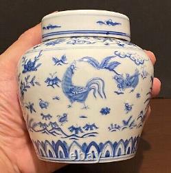 Chinese Blue &White Handpainted Chicken Bowl Tea Can Signed Porcelain China