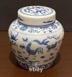 Chinese Blue &White Handpainted Chicken Bowl Tea Can Signed Porcelain China