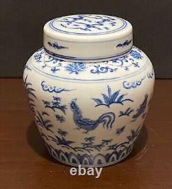 Chinese Blue &White Handpainted Chicken Bowl Tea Can Signed Porcelain China