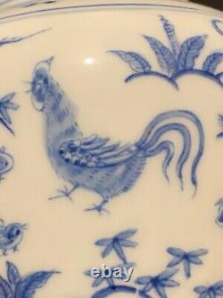 Chinese Blue &White Handpainted Chicken Bowl Tea Can Signed Porcelain China