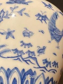 Chinese Blue &White Handpainted Chicken Bowl Tea Can Signed Porcelain China