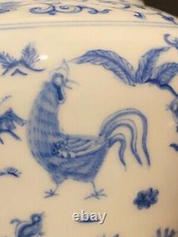 Chinese Blue &White Handpainted Chicken Bowl Tea Can Signed Porcelain China