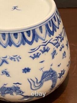 Chinese Blue &White Handpainted Chicken Bowl Tea Can Signed Porcelain China