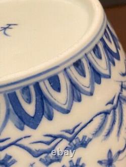 Chinese Blue &White Handpainted Chicken Bowl Tea Can Signed Porcelain China