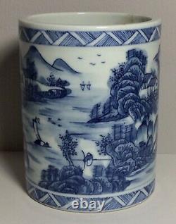 Chinese Blue & White Landscape Scholars Brush Pot Guangxu Marks but 20th Century