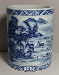 Chinese Blue & White Landscape Scholars Brush Pot Guangxu Marks but 20th Century