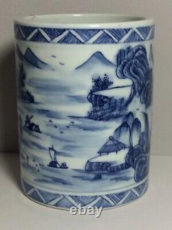 Chinese Blue & White Landscape Scholars Brush Pot Guangxu Marks but 20th Century