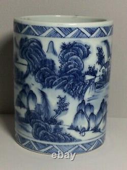 Chinese Blue & White Landscape Scholars Brush Pot Guangxu Marks but 20th Century