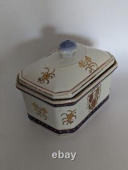 Chinese Export Lidded Armorial Hand Painted Porcelain Tureen Rectangular