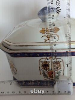 Chinese Export Lidded Armorial Hand Painted Porcelain Tureen Rectangular