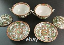 Chinese Famille Rose Canton Antique Bowl Lid Saucer Pair Set of 2