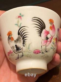 Chinese Famille rose Blue &White Handpainted Chicken Bowl / Cup Signed Porcelain