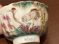 Chinese Famille rose Blue &White Handpainted bird Bowl / Cup Signed Porcelain