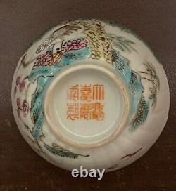 Chinese Famille rose Blue &White Handpainted bird Bowl / Cup Signed Porcelain
