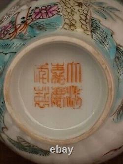 Chinese Famille rose Blue &White Handpainted bird Bowl / Cup Signed Porcelain
