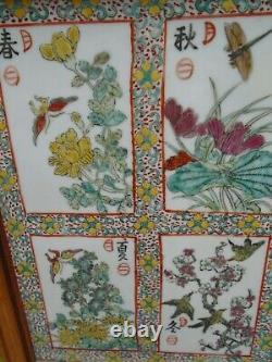 Chinese Famille rose hand painted porcelain tile in wood frame