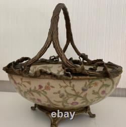 Chinese Floral Design Footed Hand Painted Porcelain and Bronze Bowl with Handle